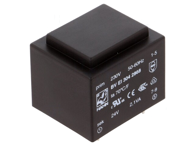 Transformator: ingegoten; 2,1VA; 230VAC; 24V; 88mA; PCB; BVEI Transformator: ingegoten; 2,1VA; 230VAC; 24V; 88mA; PCB; BVEI